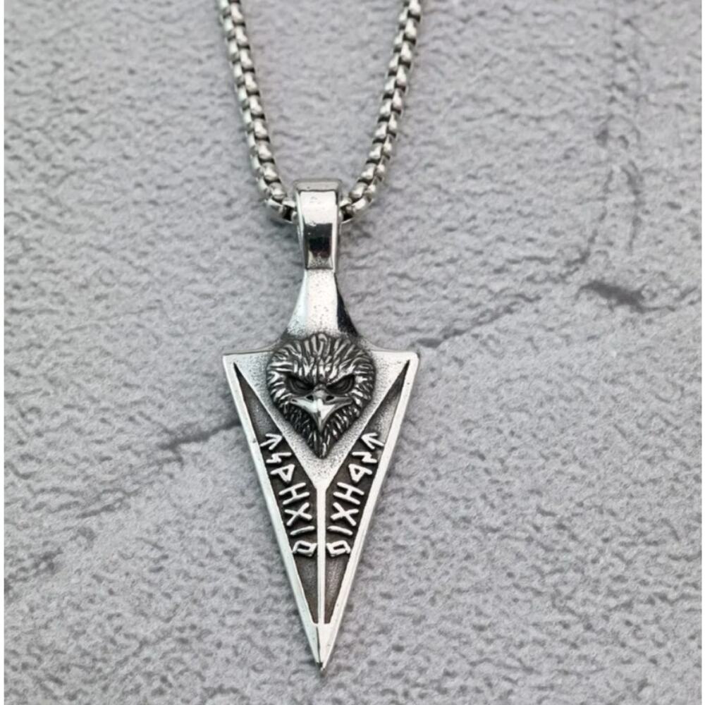 Viking Men's Necklace Stainless Steel Arrowhead Pendant with Runes Eagle